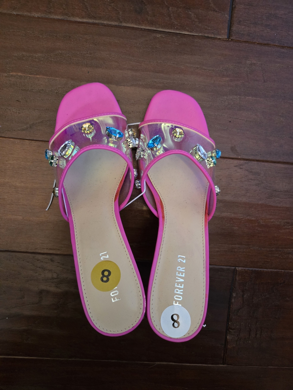 Forever 21 Hot Pink Jeweled Clear Strap Slide Mules